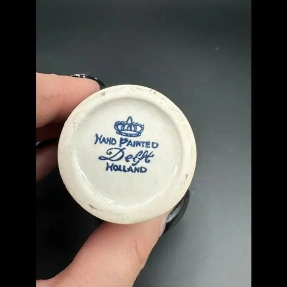 Set of 4 Hand-Painted Delft Holland Miniature Mugs with Windmill Design